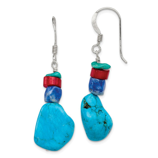 Stella Silver 925 Sterling Silver Red Coral/Howlite/Lapis & Turquoise Dangle Earrings, 42mm x 13mm