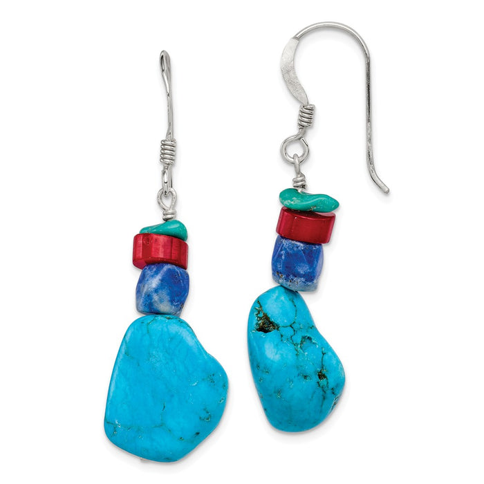 Stella Silver 925 Sterling Silver Red Coral/Howlite/Lapis & Turquoise Dangle Earrings, 42mm x 13mm
