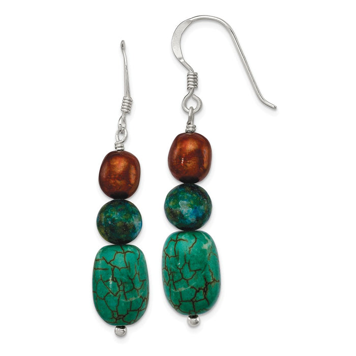 Stella Silver 925 Sterling Silver Howlite/Stabilized Chrysocolla/Brown Freshwater Cultured Pearl Earrings, 43mm x 10mm