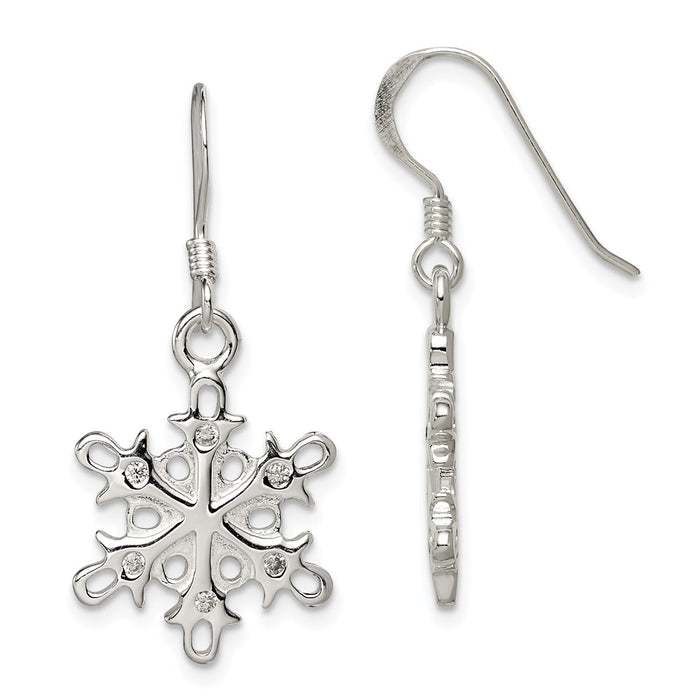 Stella Silver 925 Sterling Silver Polished & Satin Cubic Zirconia ( CZ ) Snowflake Dangle Earrings, 33mm x 15mm