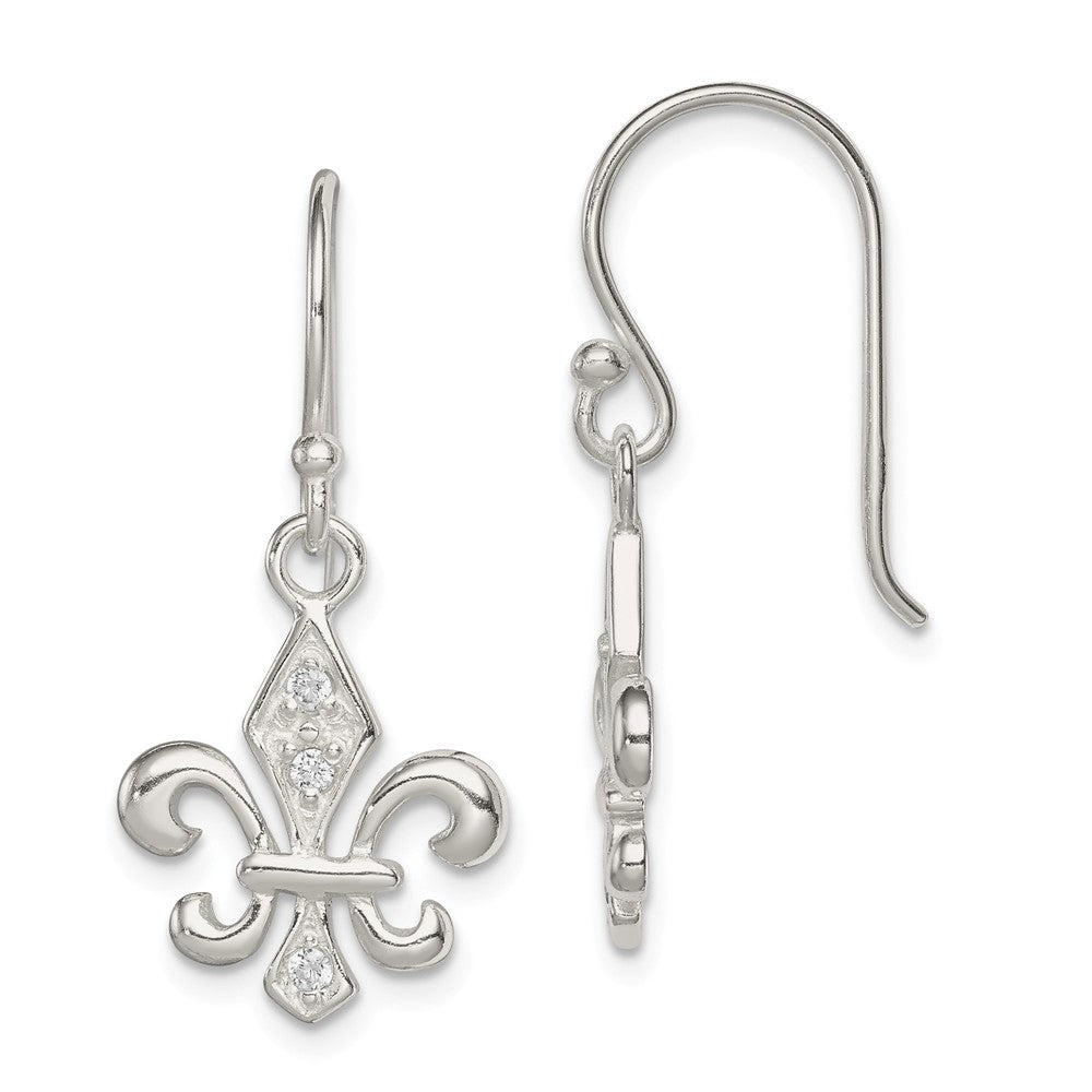 Stella Silver 925 Sterling Silver White Cubic Zirconia ( CZ ) Accented Fleur de Lis Dangle Earrings, 30mm x 14mm