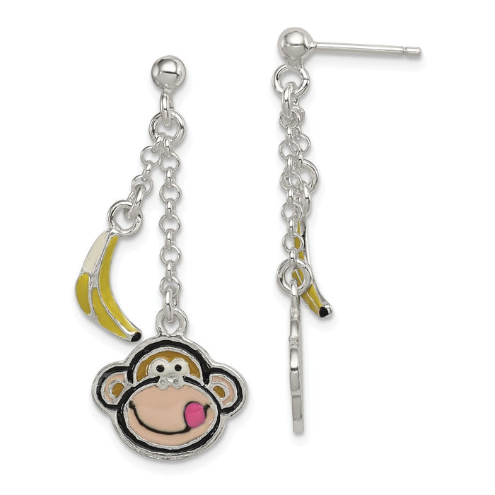 Stella Silver 925 Sterling Silver Enameled Monkey Face & Banana Dangle Post Earrings, 31mm x 14mm