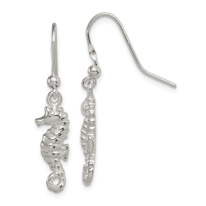 Stella Silver 925 Sterling Silver Polished & Textured Seahorse Dangle Earrings, 33mm x 6mm