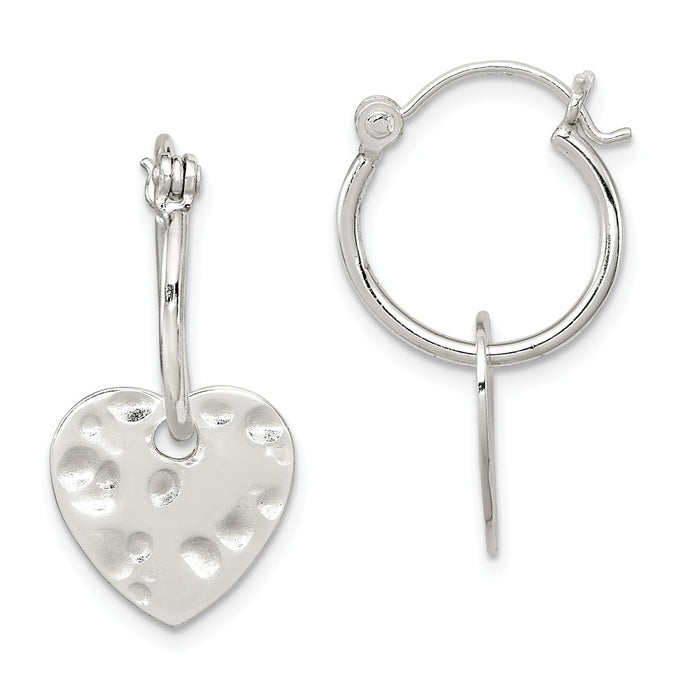 Stella Silver 925 Sterling Silver Polished & Hammered Heart Dangle Hoop Earrings, 24mm x 12mm