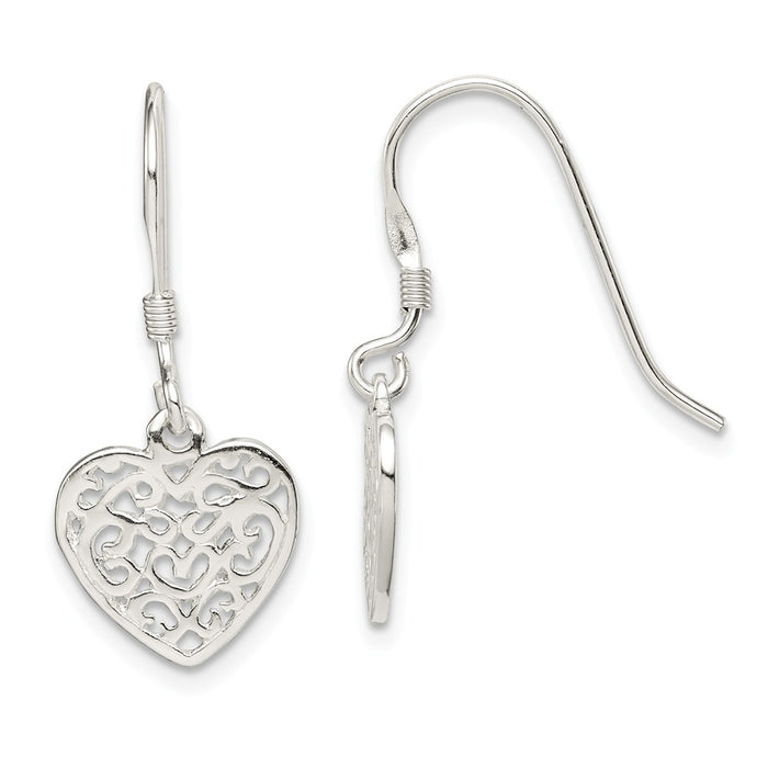 Stella Silver 925 Sterling Silver Polished Filigree Heart Dangle Earrings, 25mm x 10mm