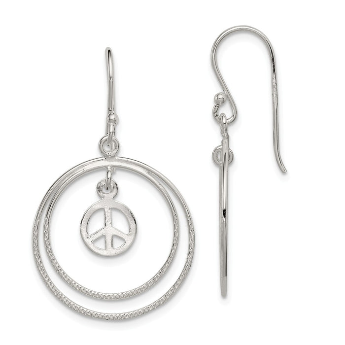 Stella Silver 925 Sterling Silver Double Circles with Small Peace Symbol Dangle Earrings, 35mm x 21mm