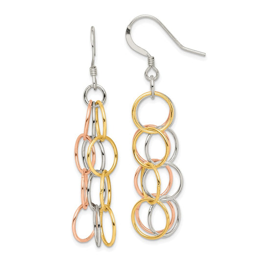 Stella Silver 925 Sterling Silver Tri-colored Vermeil Polished Dangle Earrings, 31mm x 6mm