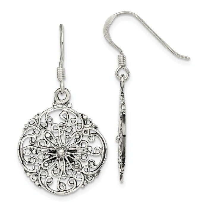 Stella Silver 925 Sterling Silver Antiqued Filigree Dangle Earrings, 36mm x 19mm