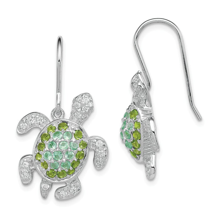 Stella Silver 925 Sterling Silver ClEarrings, Green, Blue Cubic Zirconia ( CZ ) Turtle Rhodium-plated Dangle Earrings, 29mm x 17mm