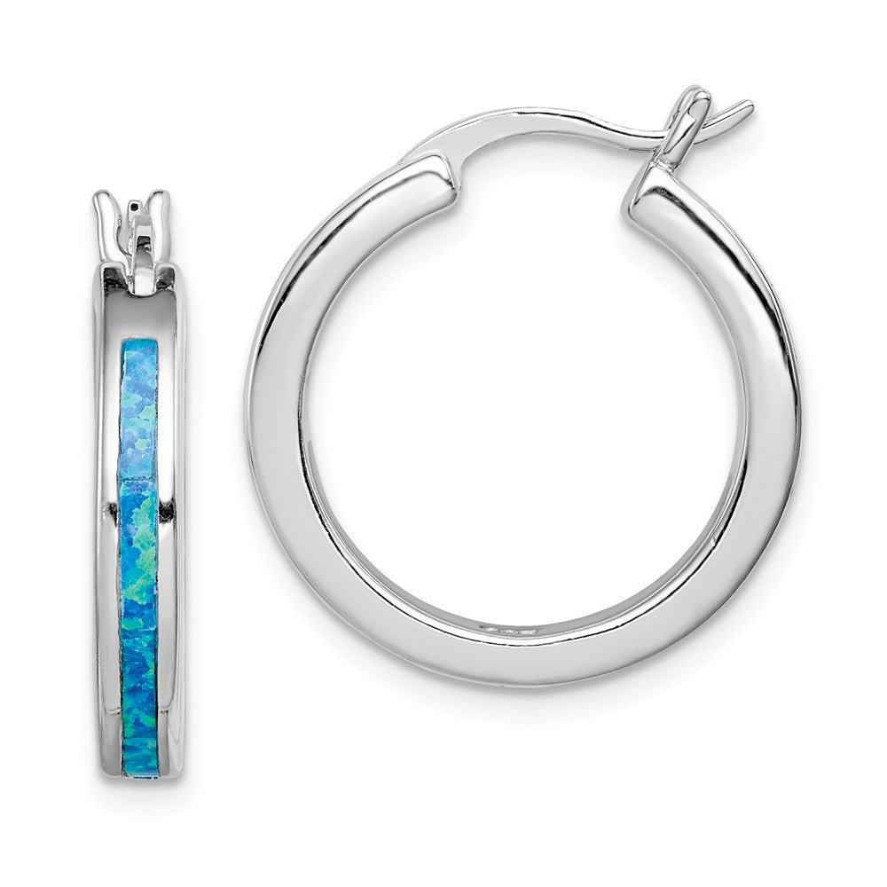 Stella Silver 925 Sterling Silver Created Blue Opal Inlay Hoop Earrings, 23mm x 4mm