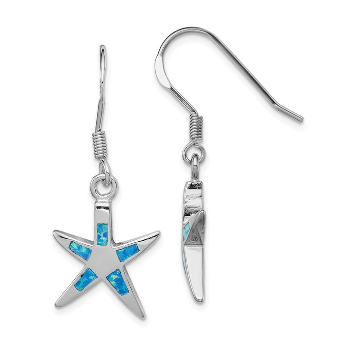 Stella Silver 925 Sterling Silver Created Blue Opal Inlay Flat Starfish Dangle Earrings, 33mm x 14mm