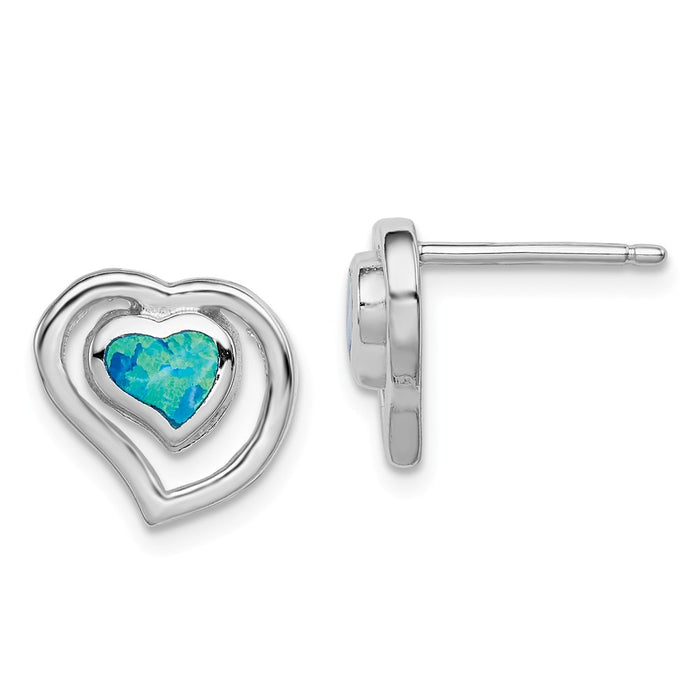 Stella Silver 925 Sterling Silver Created Blue Opal Inlay Center Heart Post Earrings, 9mm x 11mm