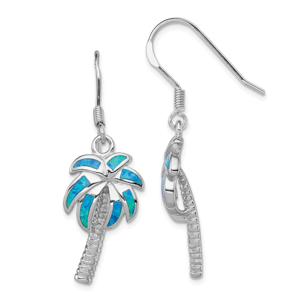 Stella Silver 925 Sterling Silver Created Blue Opal Inlay Palm Tree Dangle Earrings, 38mm x 12mm