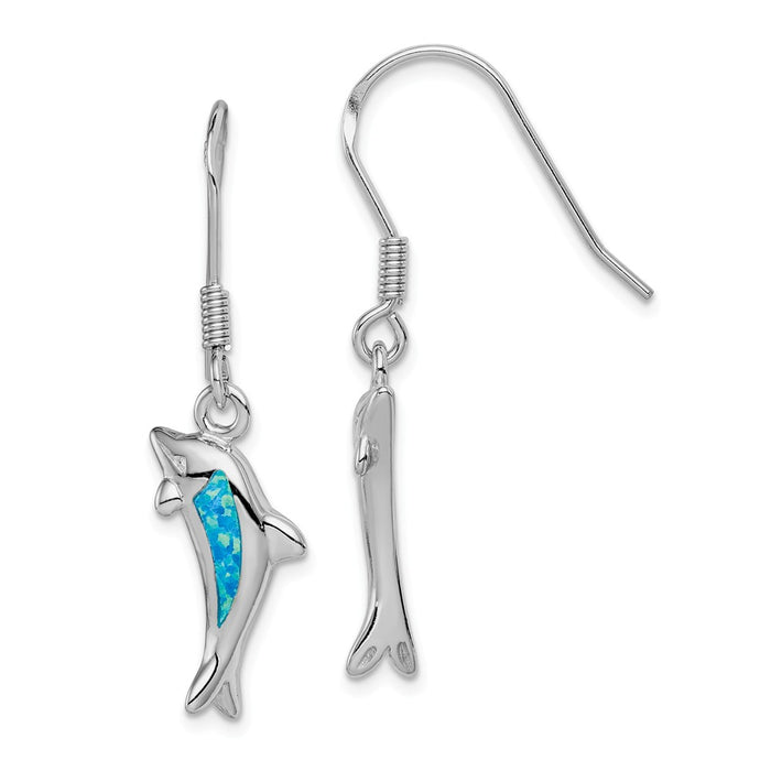 Stella Silver 925 Sterling Silver Created Blue Opal Inlay Dolphin Dangle Earrings, 35mm x 11mm