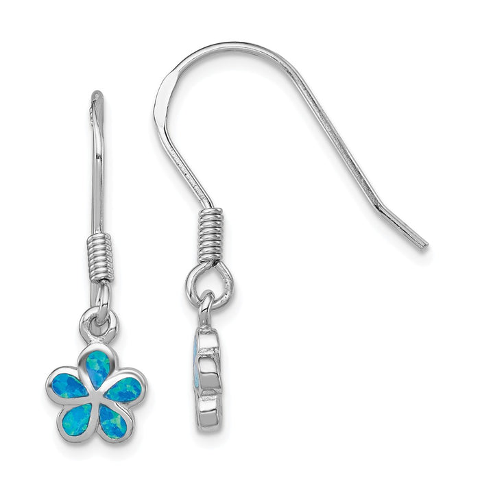 Stella Silver 925 Sterling Silver Created Blue Opal Inlay Flower Dangle Earrings, 25mm x 8mm