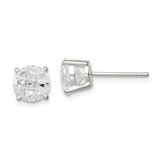 Stella Silver 925 Sterling Silver 7mm Round Basket Set Cubic Zirconia ( CZ ) Stud Earrings, 7mm x 7mm