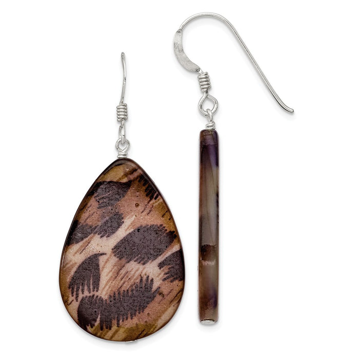 Stella Silver 925 Sterling Silver Large Mother of Pearl Brown Tiger Tear Drop Earrings, 48mm x 20mm