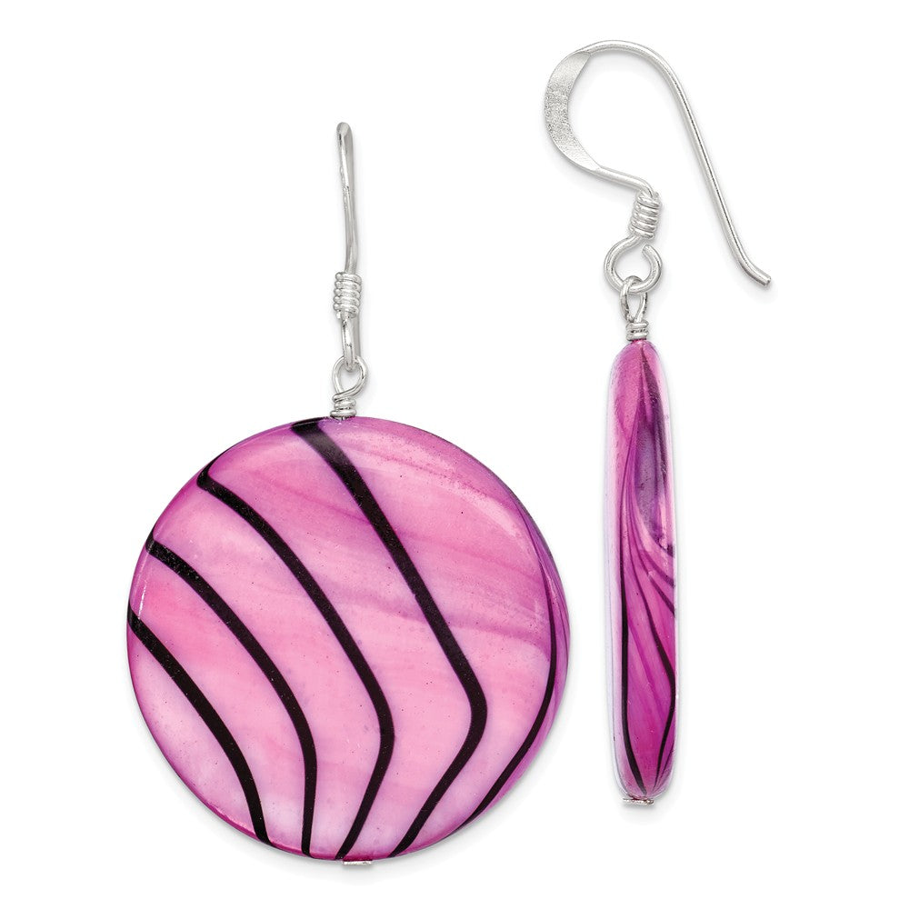 Stella Silver 925 Sterling Silver Mother of Pearl Purple and Black Disc Earrings, 46mm x 30mm