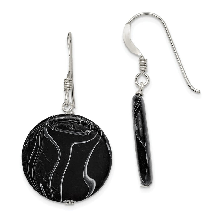 Stella Silver 925 Sterling Silver Black Agate Dangle Disc Earrings, 41mm x 20mm