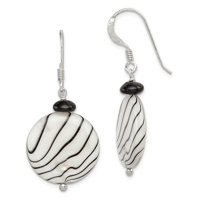 Stella Silver 925 Sterling Silver Black Agate/Mother of Pearl Earrings, 41mm x 20mm