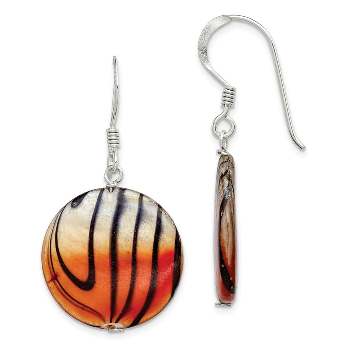Stella Silver 925 Sterling Silver Mother of Pearl Orange and Black Disc Earrings, 50mm x 31mm
