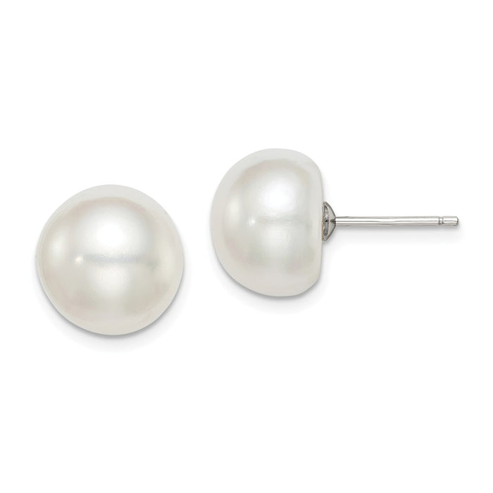 Stella Silver 925 Sterling Silver Rh-plated 11-12mm White Freshwater Cultured Button Pearl Stud Earrings, 11 to 11.5mm x 11 to 12mm
