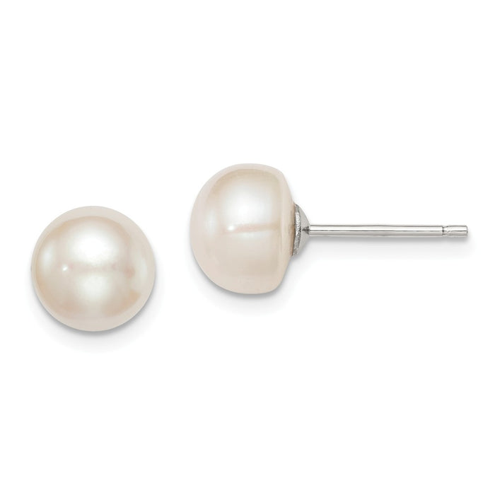 Stella Silver 925 Sterling Silver Rh-plated 8-9mm White Freshwater Cultured Button Pearl Stud Earring, 8 to 8.5mm x 8 to 9mm