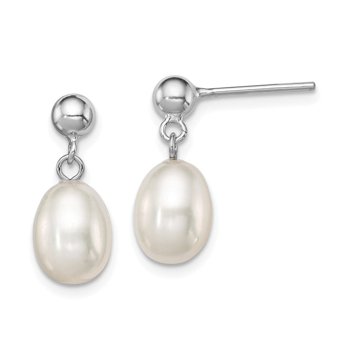 Stella Silver 925 Sterling Silver Rhodium-plated 7-8mm White Freshwater Cultured Pearl Earrings, 17mm x 7 to 7.5mm