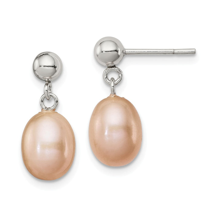 Stella Silver 925 Sterling Silver Rh-plated 7-8mm Pink Freshwater Cultured Pearl Earrings, 17mm x 7 to 7.5mm