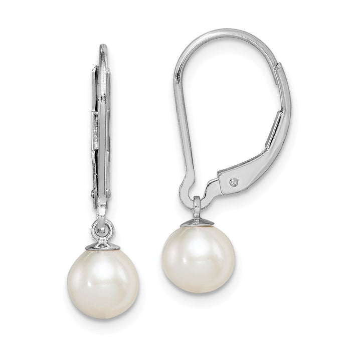 Stella Silver 925 Sterling Silver Rhodium-plated 6-7mm White Freshwater Cultured Pearl Leverback Earrings, 23mm x 6 to 6.5mm