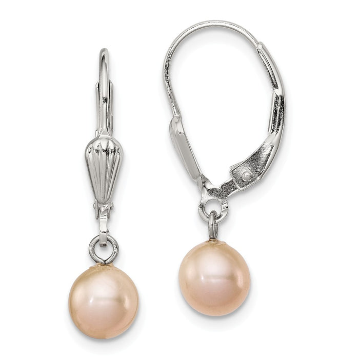 Stella Silver 925 Sterling Silver Rh-plated 6-7mm Pink Freshwater Cultured Pearl Leverback Earrings, 24mm x 6 to 6.5mm