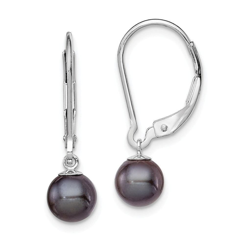 Stella Silver 925 Sterling Silver Rhodium-plated 6-7mm Black Freshwater Cultured Pearl Leverback Earrings, 24mm x 6 to 6.5mm