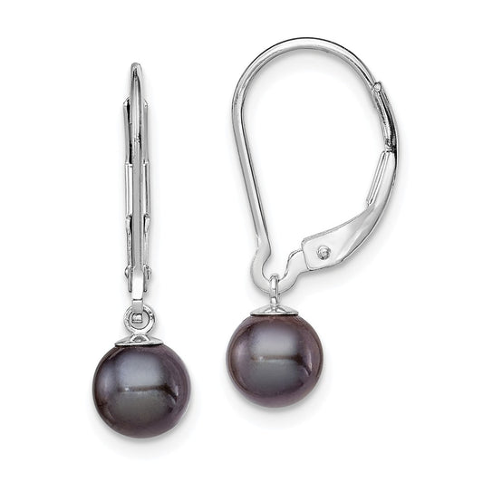 Stella Silver 925 Sterling Silver Rhodium-plated 6-7mm Black Freshwater Cultured Pearl Leverback Earrings, 24mm x 6 to 6.5mm