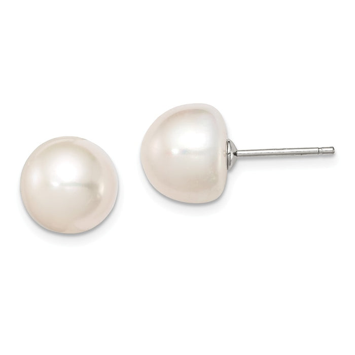 Stella Silver 925 Sterling Silver Rh-plated 10-11mm White Freshwater Cultured Button Pearl Stud Earrings, 10 to 10.5mm x 10 to 11mm