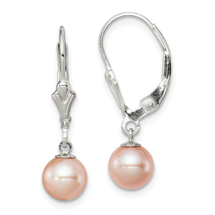 Stella Silver 925 Sterling Silver Rh-plated 6-7mm Pink Freshwater Cultured Pearl Leverback Earrings, 25mm x 6 to 6.5mm