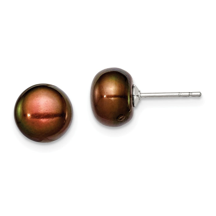 Stella Silver 925 Sterling Silver Rh-plated 8-9mm Brown Freshwater Cultured Button Pearl Stud Earring, 8 to 9mm x 8 to 9mm