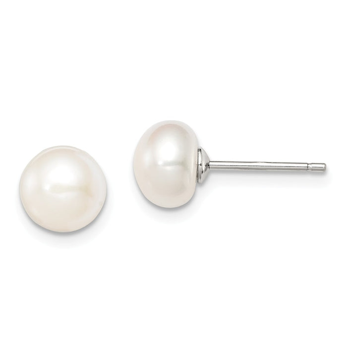 Stella Silver 925 Sterling Silver Rh-plated 7-8mm White Freshwater Cultured Button Pearl Stud Earring, 7 to 7.5mm x 7 to 8mm