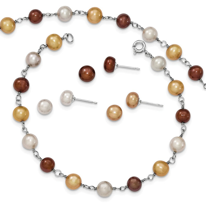 Stella Silver Jewelry Set - 925 Sterling Silver Rhodium-Plate White/Yellowith Brown Freshwater Cultured Pearl Necklace, Bracelet & Earring Set