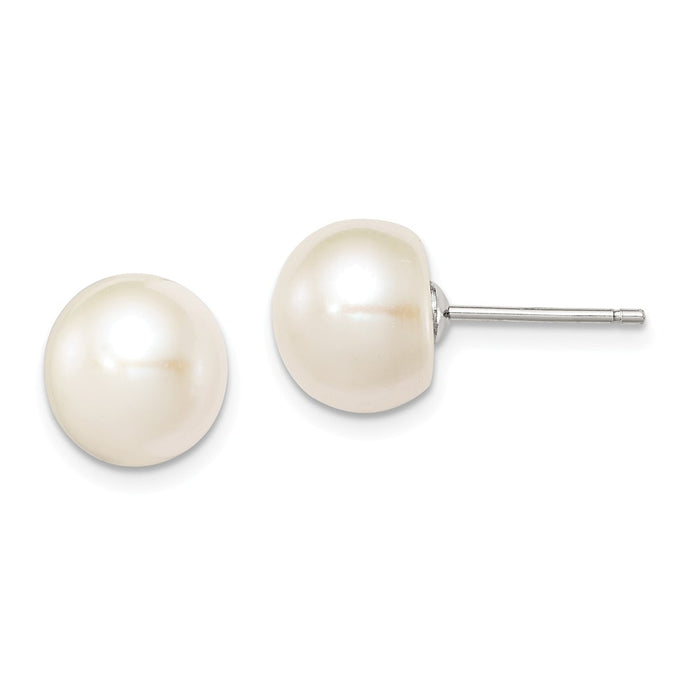 Stella Silver 925 Sterling Silver Rh-plated 9-10mm White Freshwater Cultured Button Pearl Stud Earrin, 9.5mm x 9 to 10mm