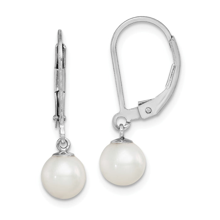 Stella Silver 925 Sterling Silver Rhodium-plated 6-7mm White Freshwater Cultured Pearl Leverback Earrings, 26mm x 6 to 6.5mm