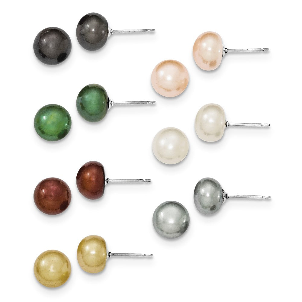 Stella Silver Jewelry Set - 925 Sterling Silver 8-8.5mm Freshwater Cultured Button Pearl Set of 7 Gift Set