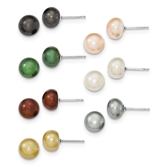 Stella Silver Jewelry Set - 925 Sterling Silver 8-8.5mm Freshwater Cultured Button Pearl Set of 7 Gift Set