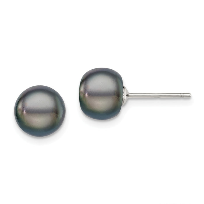 Stella Silver 925 Sterling Silver Rh-plated 8-9mm Black Freshwater Cultured Button Pearl Stud Earring, 8 to 9mm x 8 to 9mm