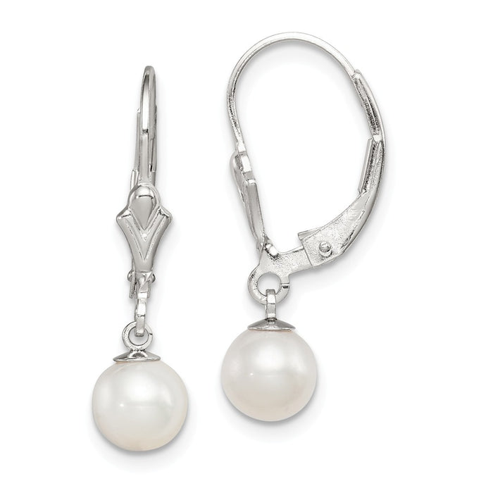 Stella Silver 925 Sterling Silver Rh-plated 6-7mm White Freshwater Cultured Pearl Leverback Earrings, 24mm x 6 to 6.5mm