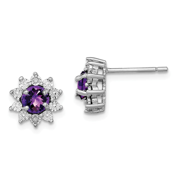 Stella Silver 925 Sterling Silver Rhodium-plated Diamond & Amethyst Earring, 10mm x 10mm