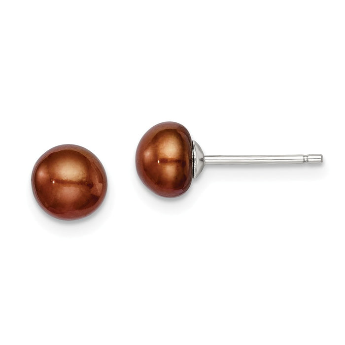 Stella Silver 925 Sterling Silver Rh-plated 6-7mm Brown Freshwater Cultured Button Pearl Stud Earring, 6 to 7mm x 6 to 7mm