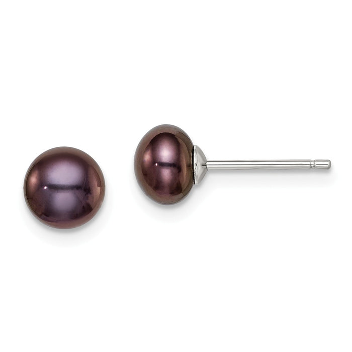 Stella Silver 925 Sterling Silver Rh-plated 6-7mm Freshwater Cultured Button Pearl Black Earrings, 6 to 7mm x 6 to 7mm