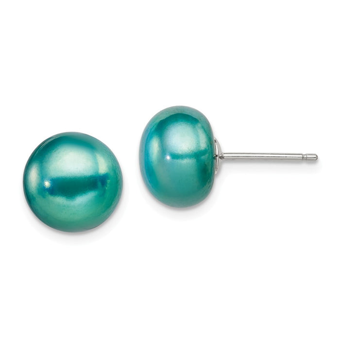 Stella Silver 925 Sterling Silver 10-11mm Freshwater Cultured Button Pearl Teal Earrings, 10 to 11mm x 10 to 11mm