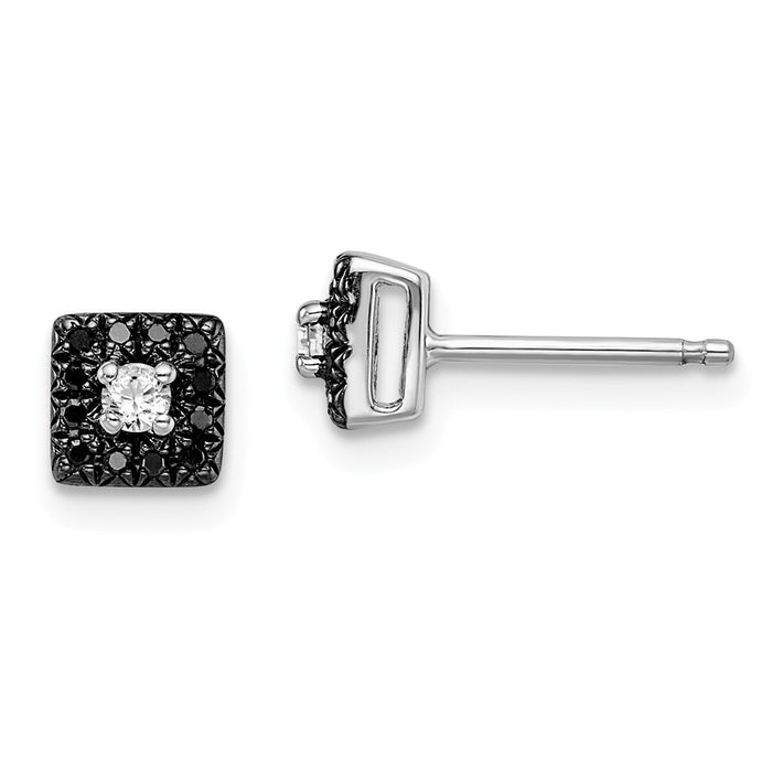 Stella Silver 925 Sterling Silver Rhod Plated Black and White Diamond Square Post Earrings, 6mm x 6mm