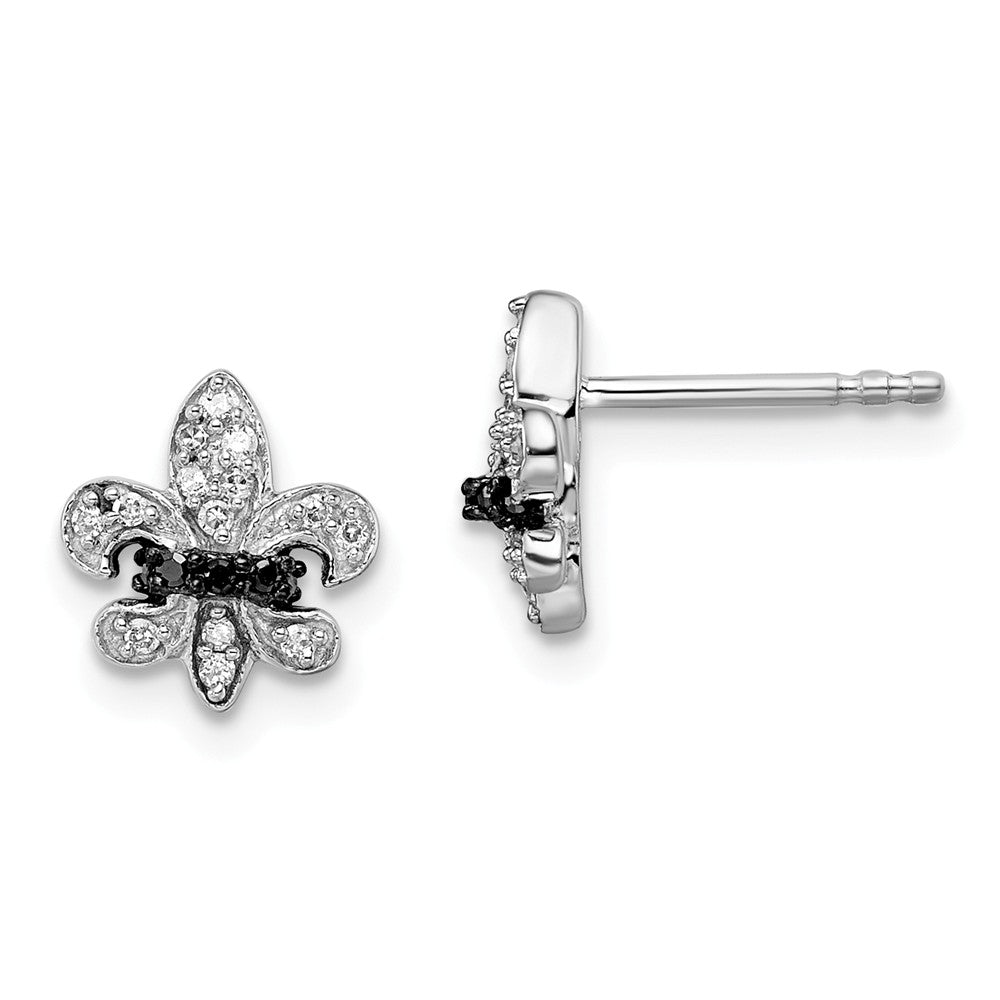Stella Silver 925 Sterling Silver Rhod Plated Black and White Dia Fleur de Lis Post Earrings, 10mm x 10mm
